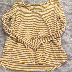 LOFT Mustard and White Striped Long-Sleeve Scoop Neck Top medium